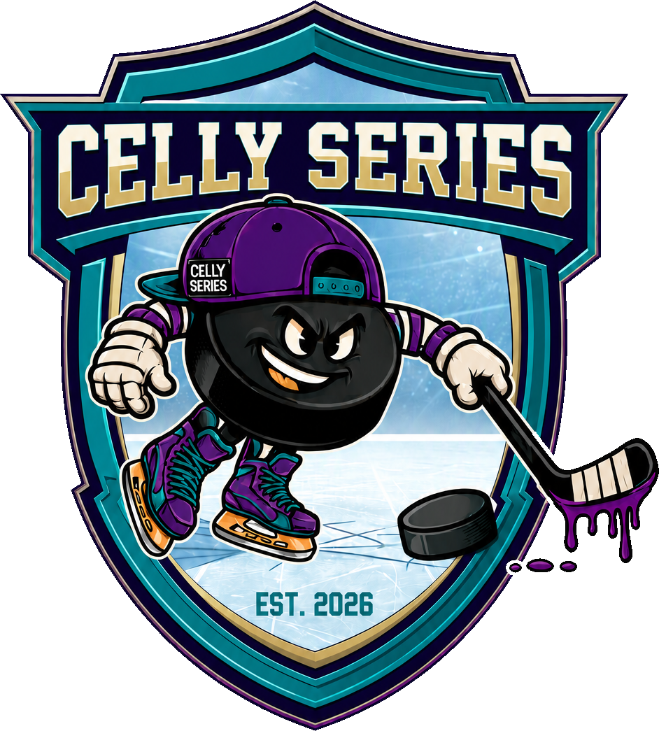 Celly Series hockey logo — a puck mascot in a backwards cap with a hockey stick